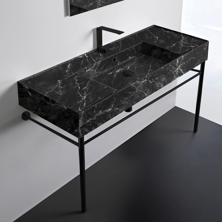 Scarabeo 5125-G-CON-BLK Modern Black Marble Design Ceramic Console Sink and Black Marble Design Base, 48 Inch